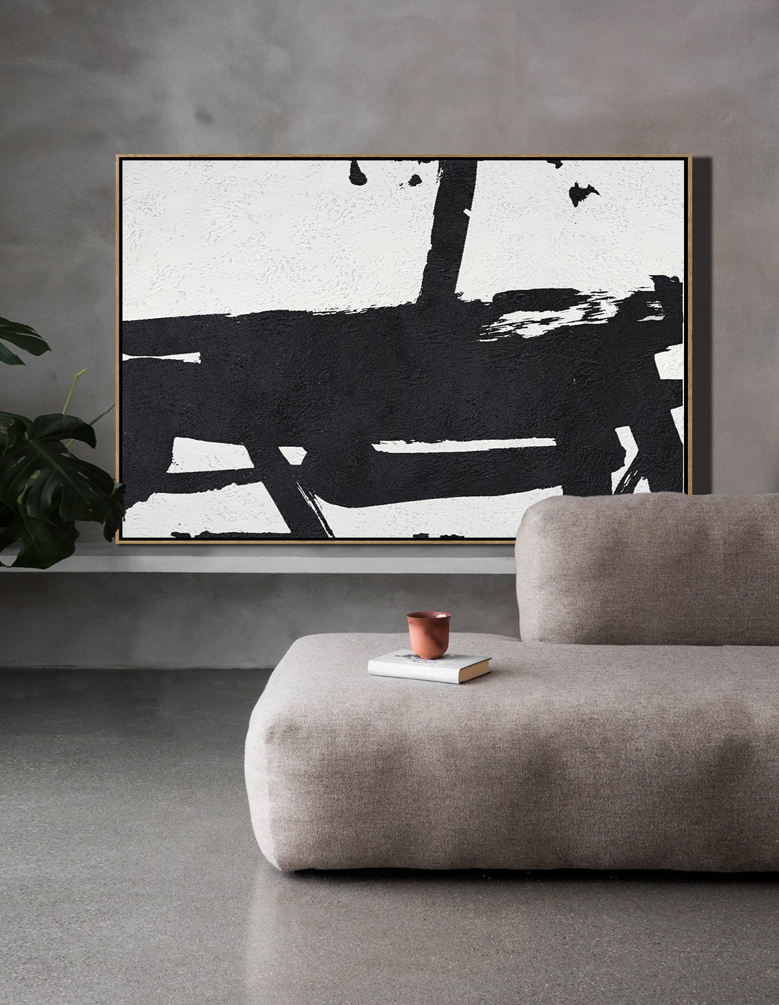 Abstract Painting On Canvas,Hand Painted Oversized Horizontal Minimal Art On Canvas, Black And White Minimalist Painting - Abstract Painting Modern Art